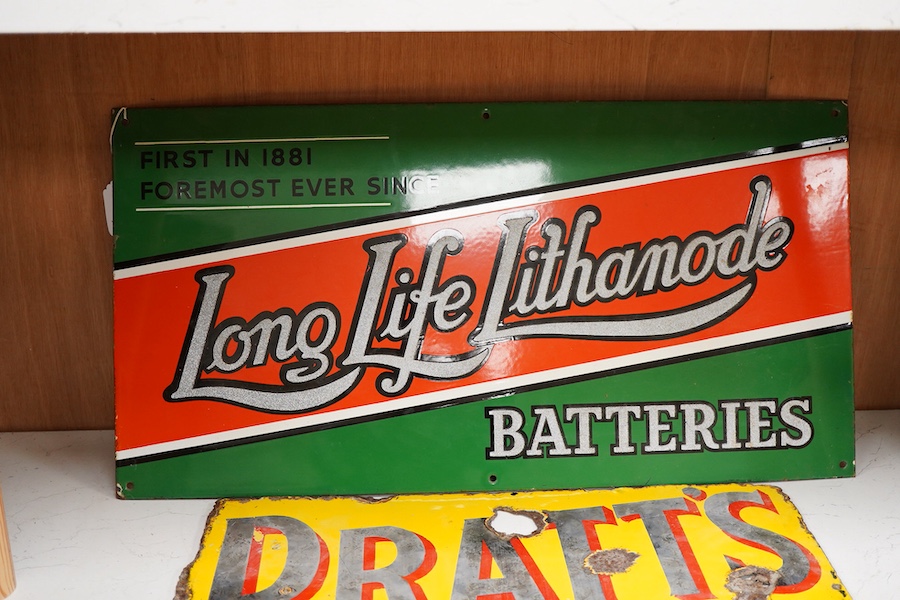 Two enamel signs; Pratt’s perfection Spirit - 52cm wide x 45cm high and Long Life Lithanode Batteries